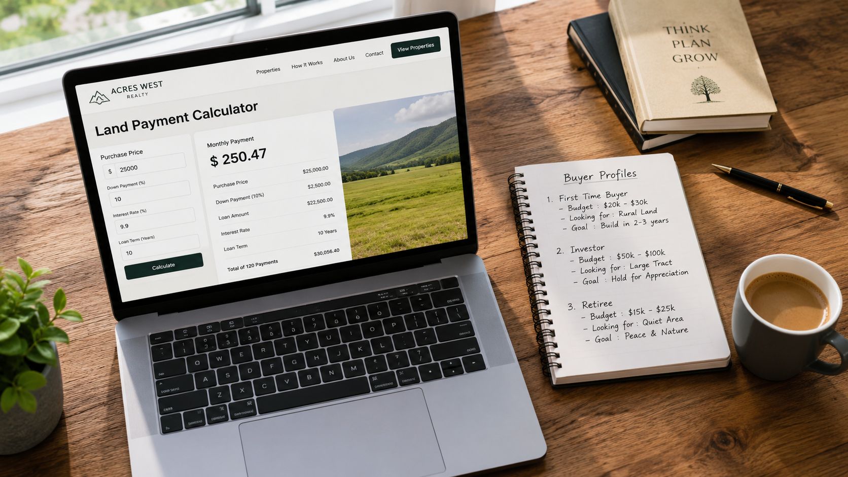 Land Payment Calculator: How to Estimate Monthly Costs 24 A laptop displaying a land payment calculator next to a notebook with hand-written buyer profiles on a desk.