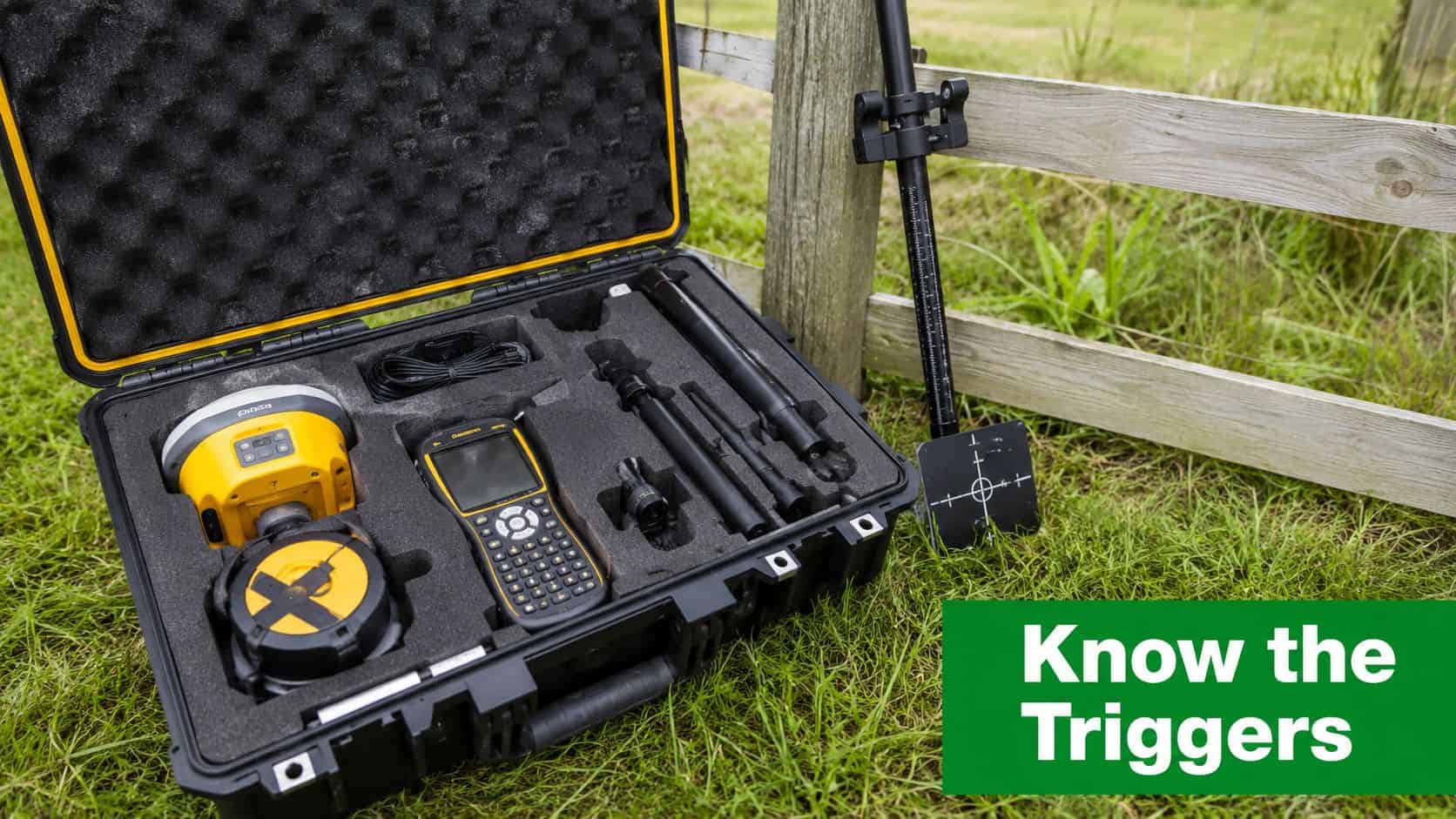 Land Survey Requirements Made Simple for First-Time Buyers 12 A professional GNSS land survey kit in a black carrying case on grass near a wooden fence.