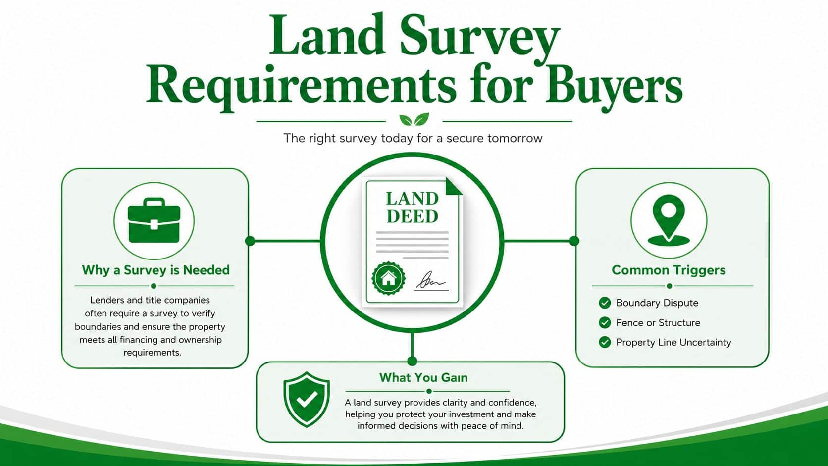 Land Survey Requirements Made Simple for First-Time Buyers 11 An infographic titled Land Survey Requirements for Buyers explaining why surveys are necessary, common triggers, and benefits.