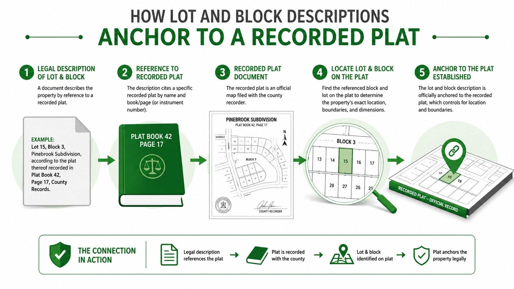 Legal Land Descriptions: Reading & Verifying Parcels 23 An infographic showing the five-step process of anchoring a lot and block legal description to a recorded plat.