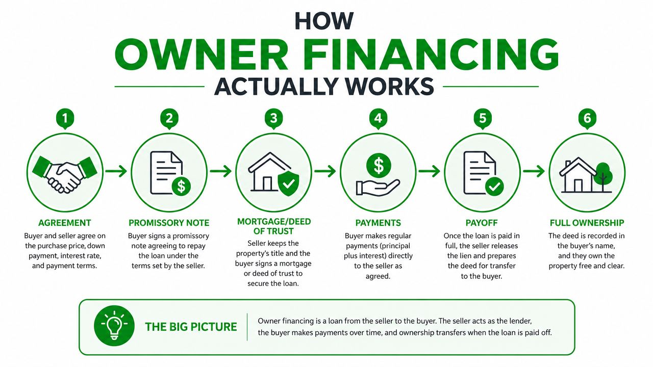 Owner Financed Land: How to Buy Property Without a Bank 21 A step-by-step infographic explaining how owner financing works when purchasing property between a buyer and seller.