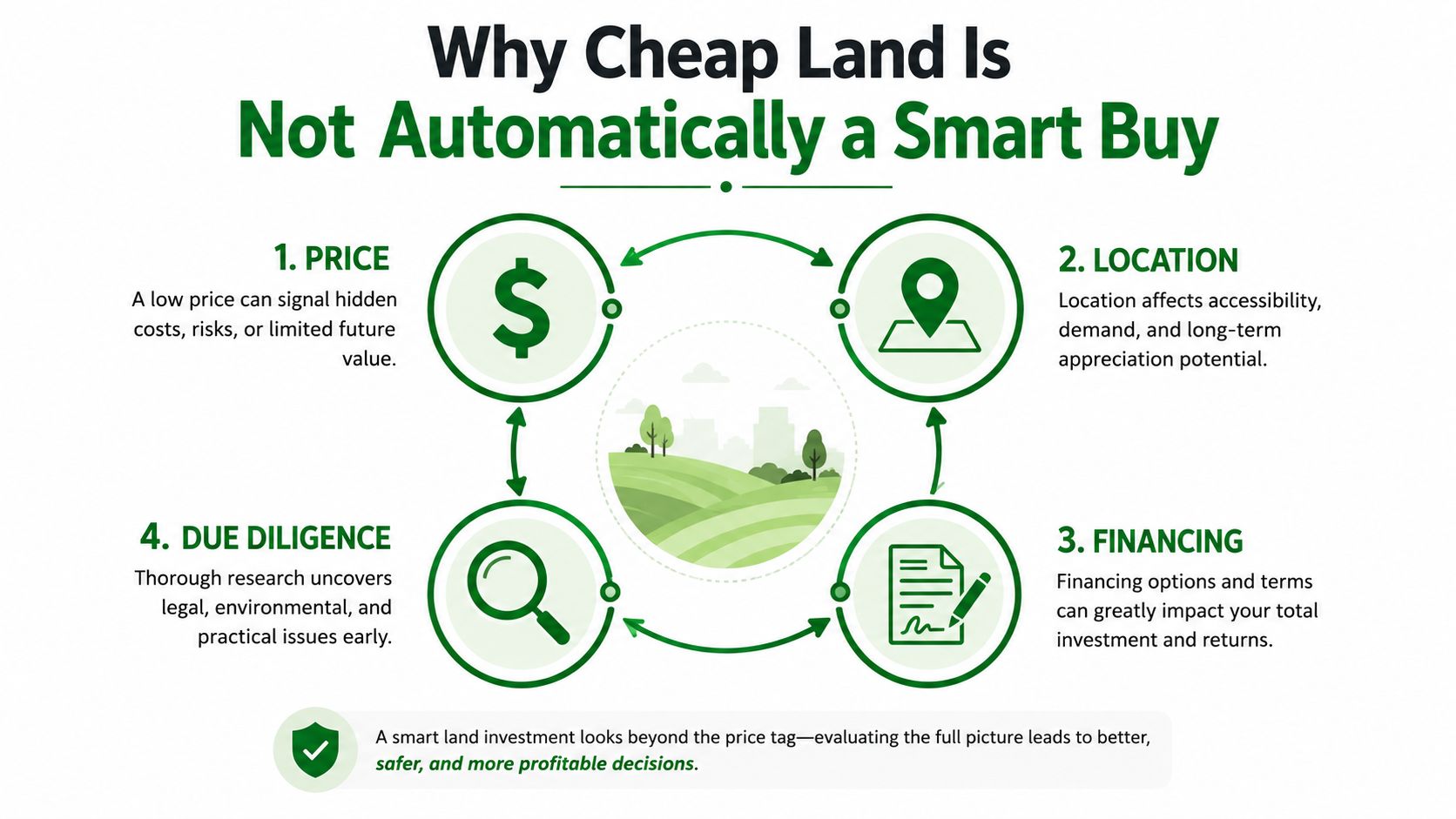 Best States to Buy Cheap Land with Seller Financing 16 An infographic showing four key factors to consider when buying cheap land instead of just price.