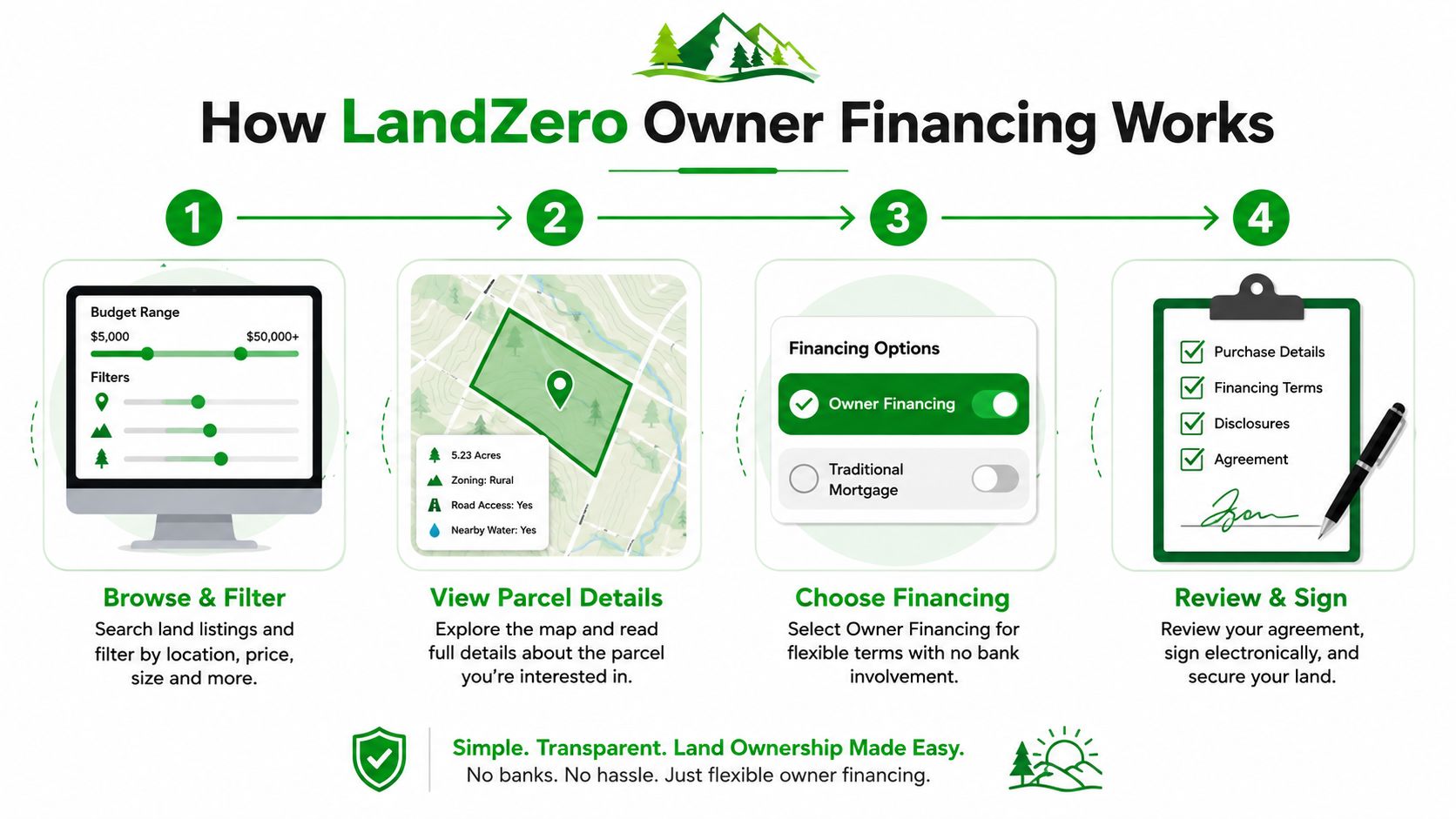 Best States to Buy Cheap Land with Seller Financing 17 An infographic showing the four-step LandZero owner financing process for purchasing land without using traditional banks.