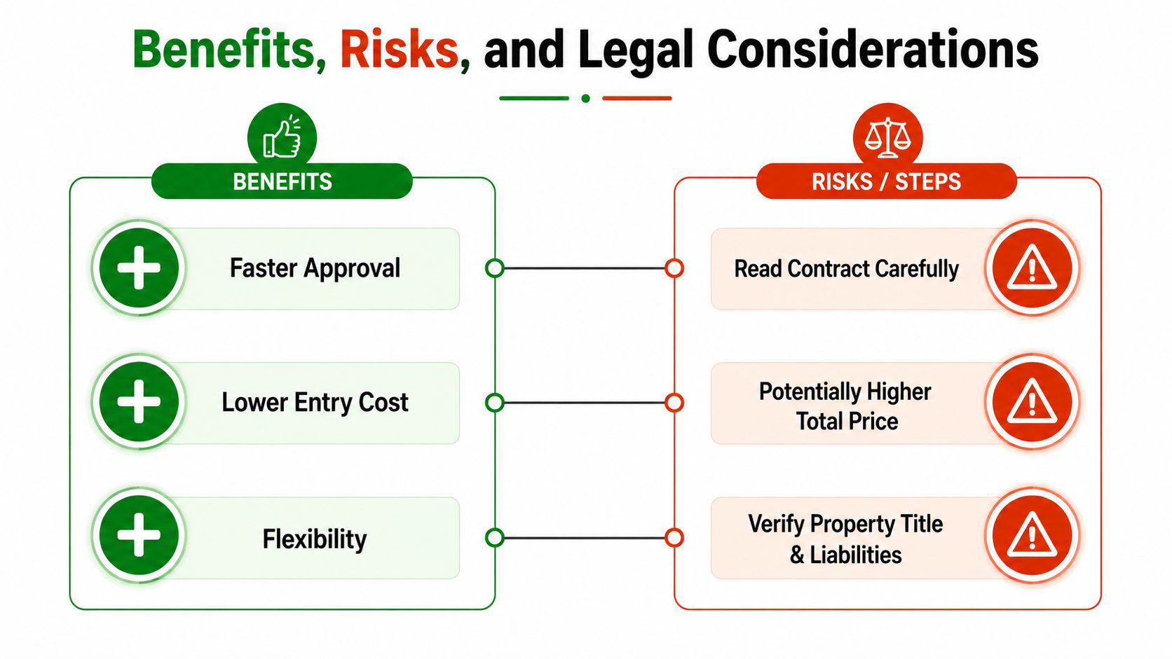 Best States to Buy Cheap Land with Seller Financing 18 A comparison chart outlining the benefits, risks, and legal considerations when purchasing property or land.