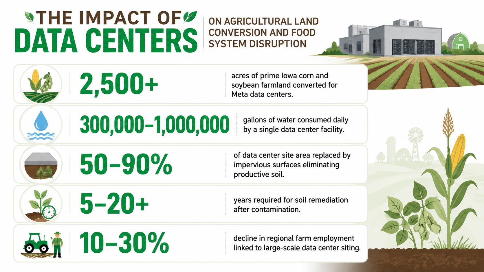Data Centers Impact on Land: 8 Risks for Buyers 11 An infographic showing the negative impact of data centers on agricultural land and food systems.