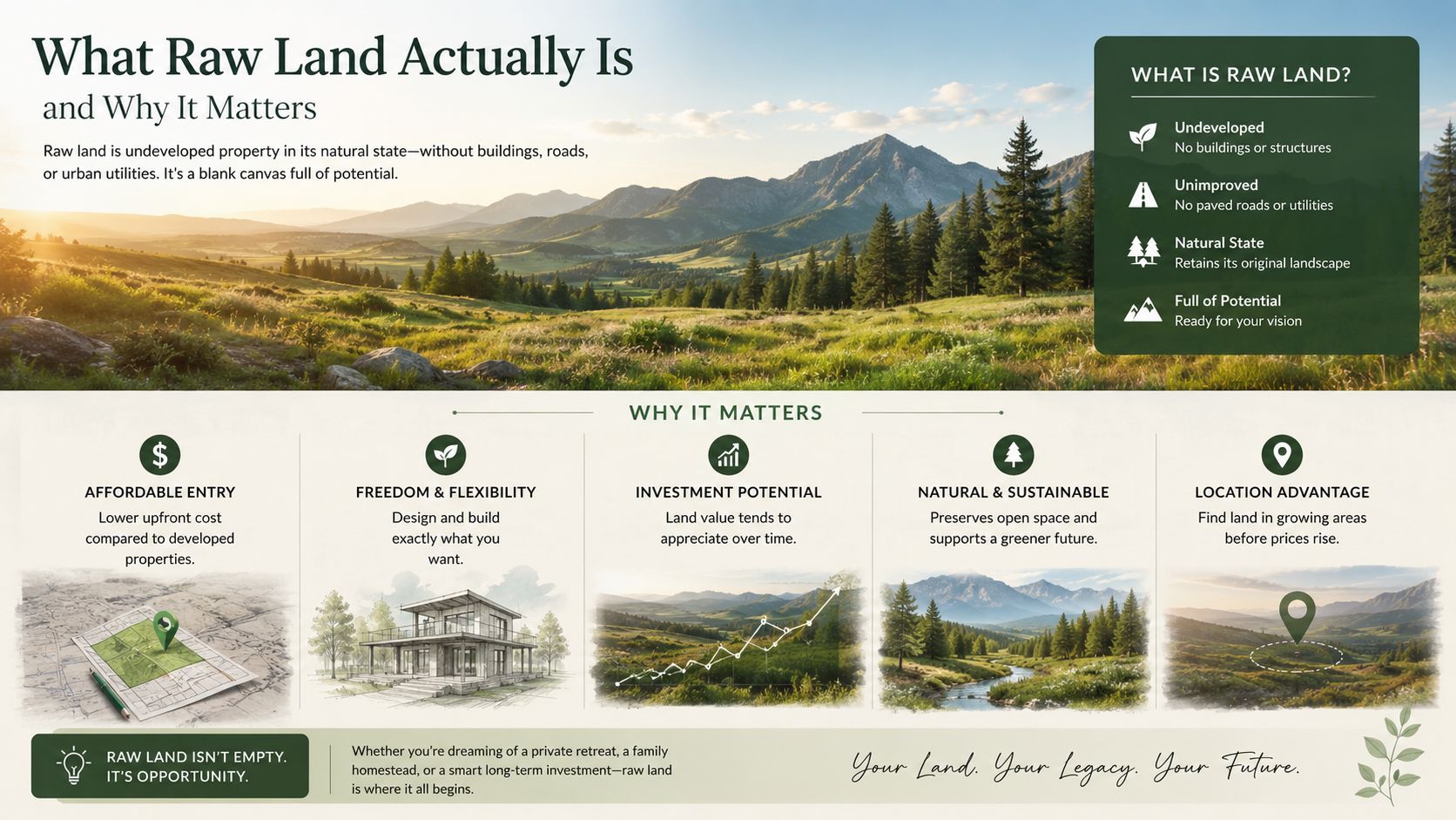 How Much Does an Acre of Land Cost? a 2026 Guide 21 An infographic titled What Raw Land Actually Is, explaining undeveloped land benefits like affordability and investment potential.