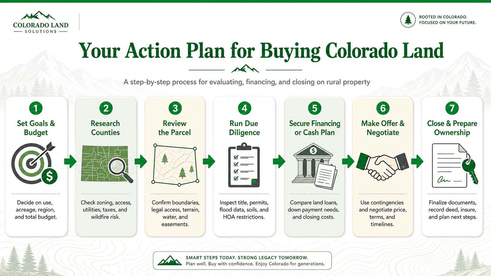 Land for Sale in Colorado: A 2026 Buyer's Guide 24 A step-by-step infographic titled Your Action Plan for Buying Colorado Land, detailing seven essential purchasing stages.