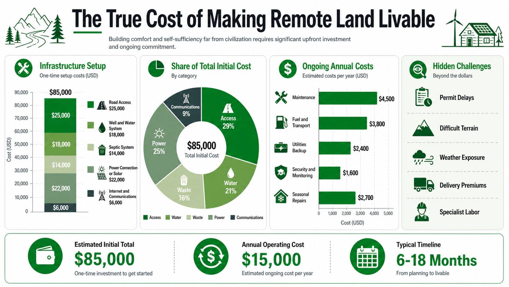 Land for Sale in Colorado: A 2026 Buyer's Guide 23 An infographic detailing the financial costs and challenges involved in developing remote, off-grid land for residential use.