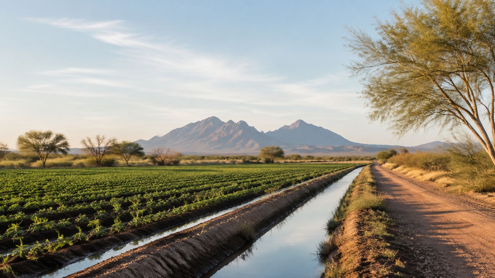 10 Affordable Ways to Find Land in Arizona 17 An agricultural field in Arizona featuring rows of crops beside an irrigation canal and desert mountains.