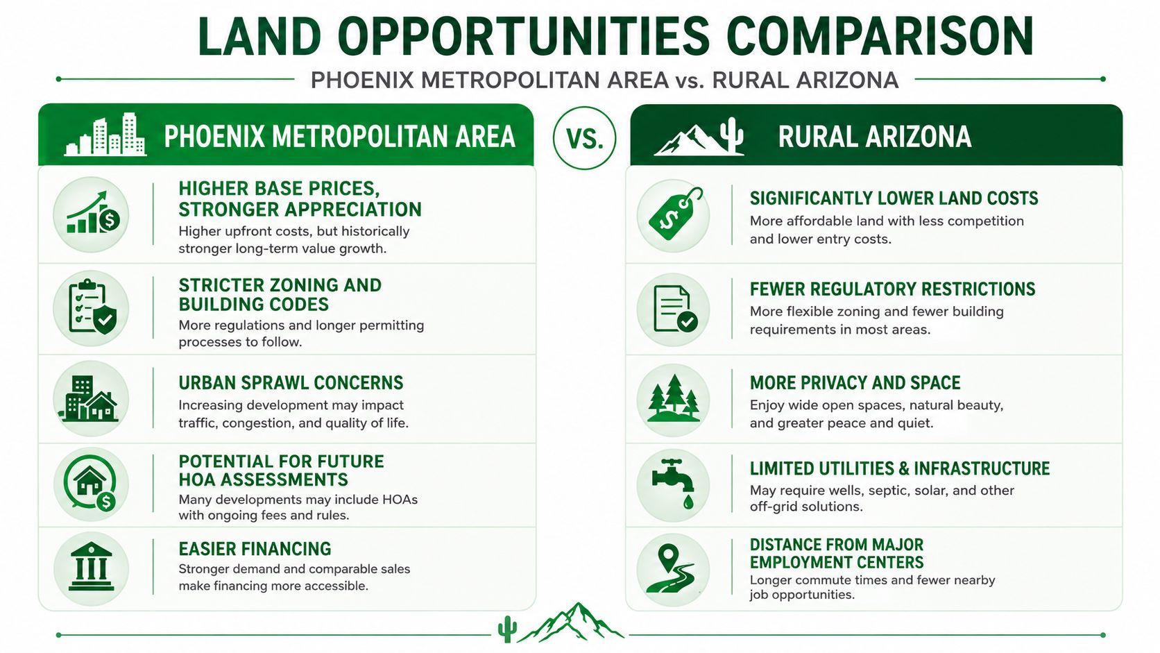 10 Affordable Ways to Find Land in Arizona 16 A comparison chart highlighting the differences between buying land in the Phoenix metropolitan area versus rural Arizona.