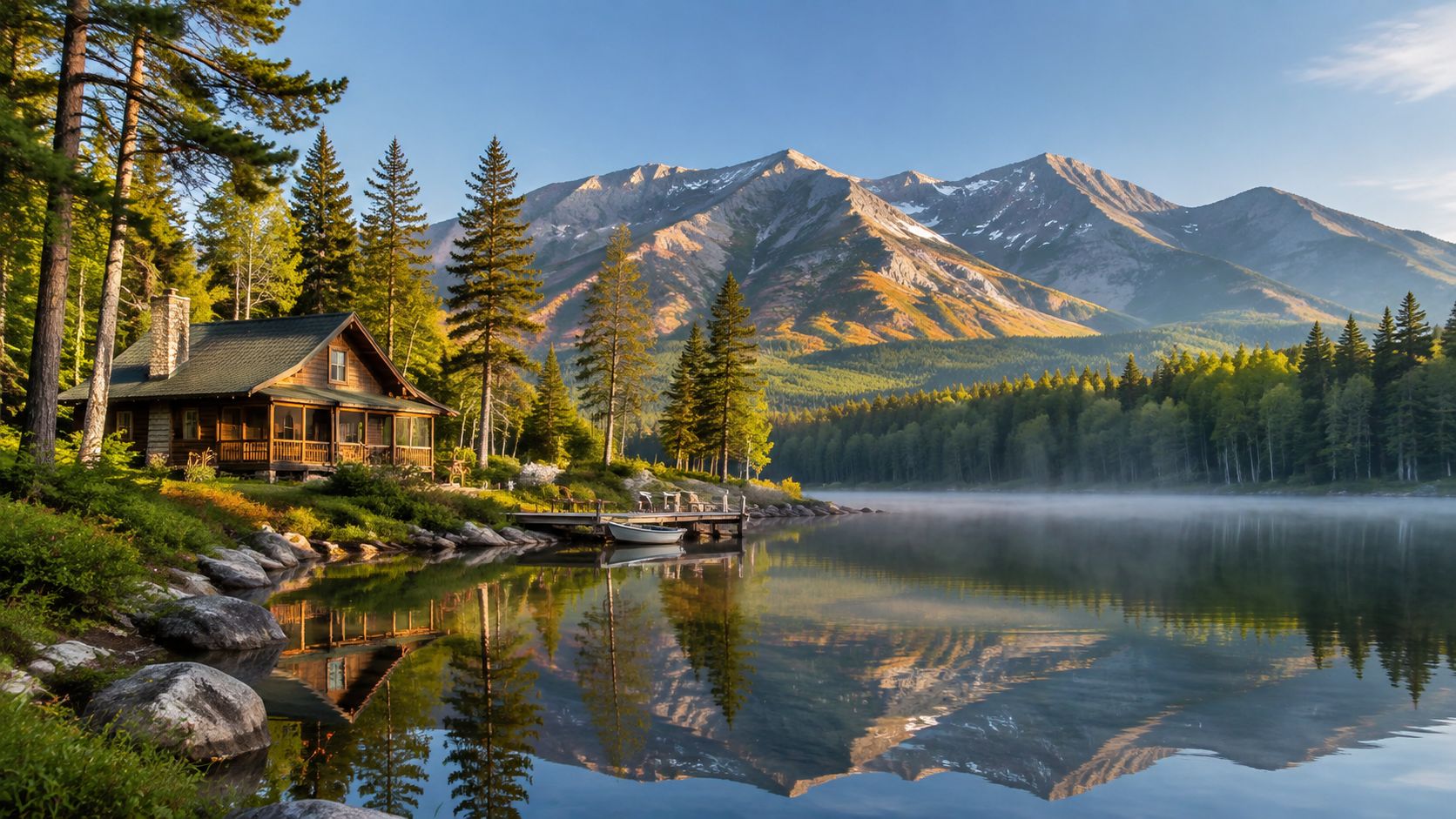 10 Affordable Ways to Find Land in Arizona 18 A scenic log cabin sits beside a serene mountain lake at sunrise with reflections on the water.