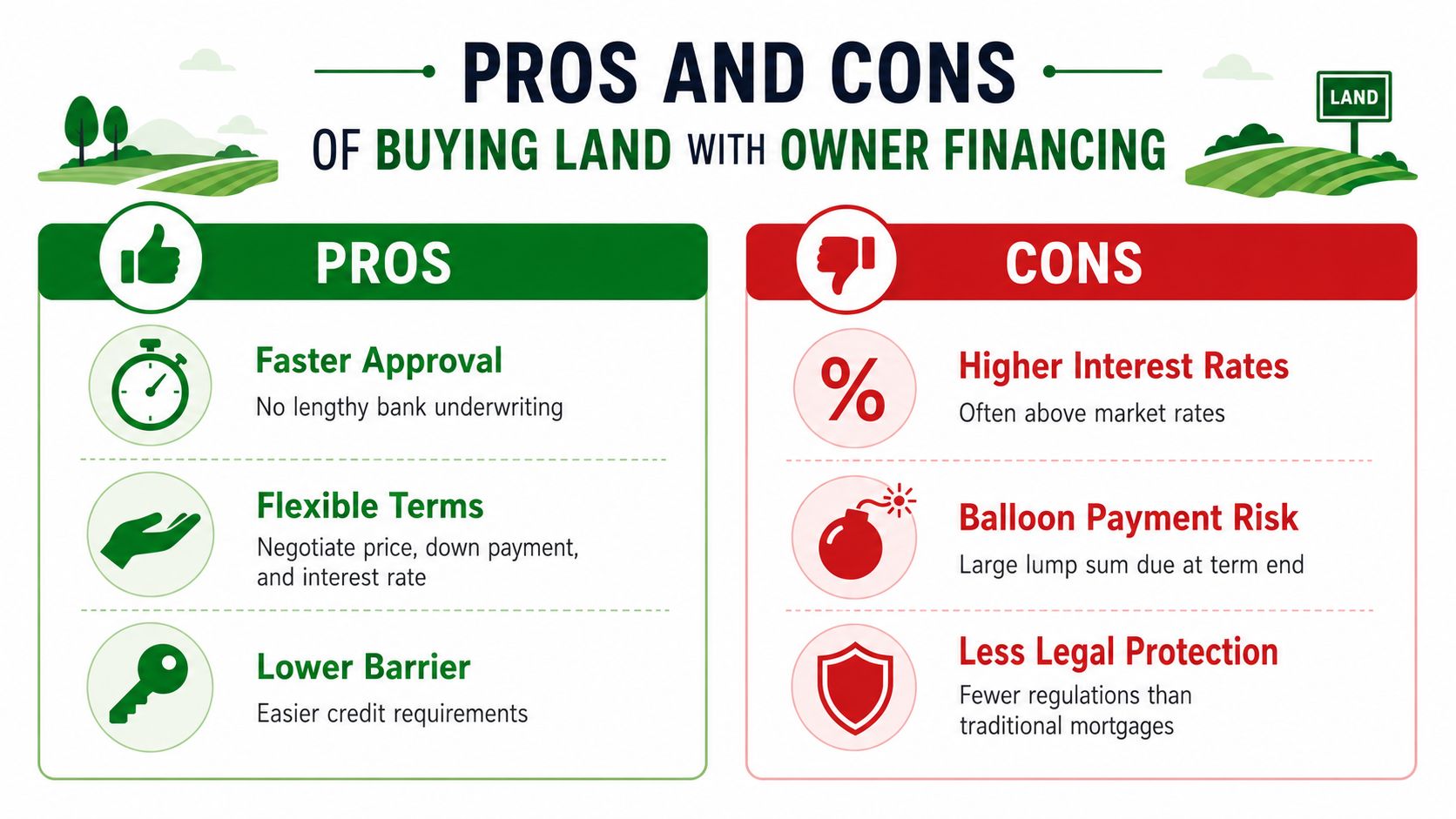 Owner Financing Land: How to Buy Property Without a Bank 16 A visual infographic listing the pros and cons of buying land using owner financing options.