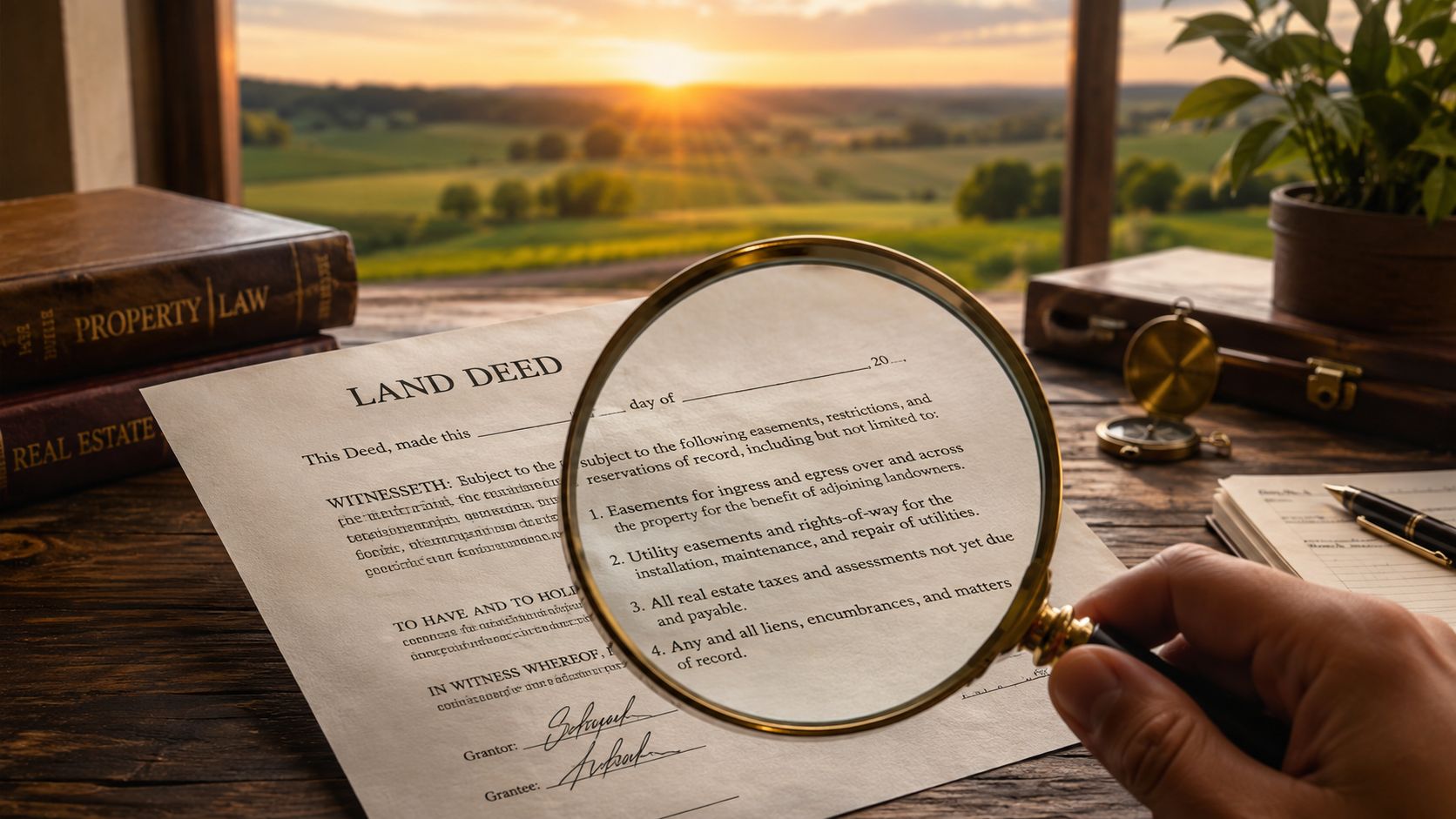 Owner Financing Land: How to Buy Property Without a Bank 17 A person using a magnifying glass to carefully examine a land deed document on a wooden desk.
