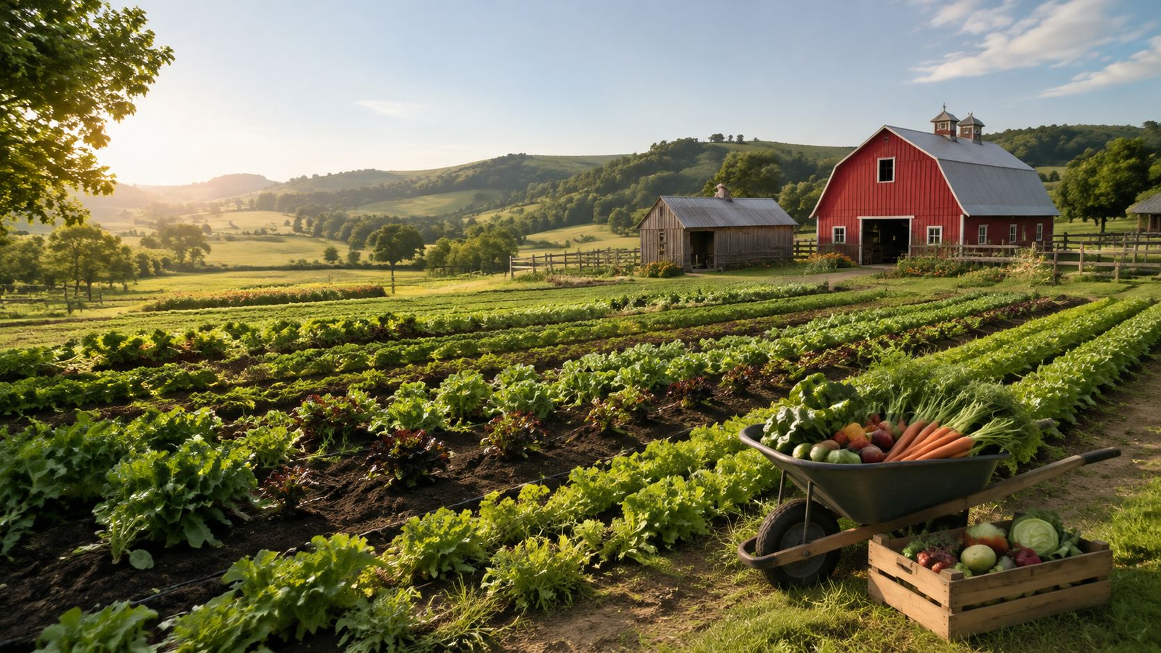 What Can You Do with Land? 10 Revenue Ideas 17 A scenic view of a fertile vegetable farm with a red barn under a sunny sky.
