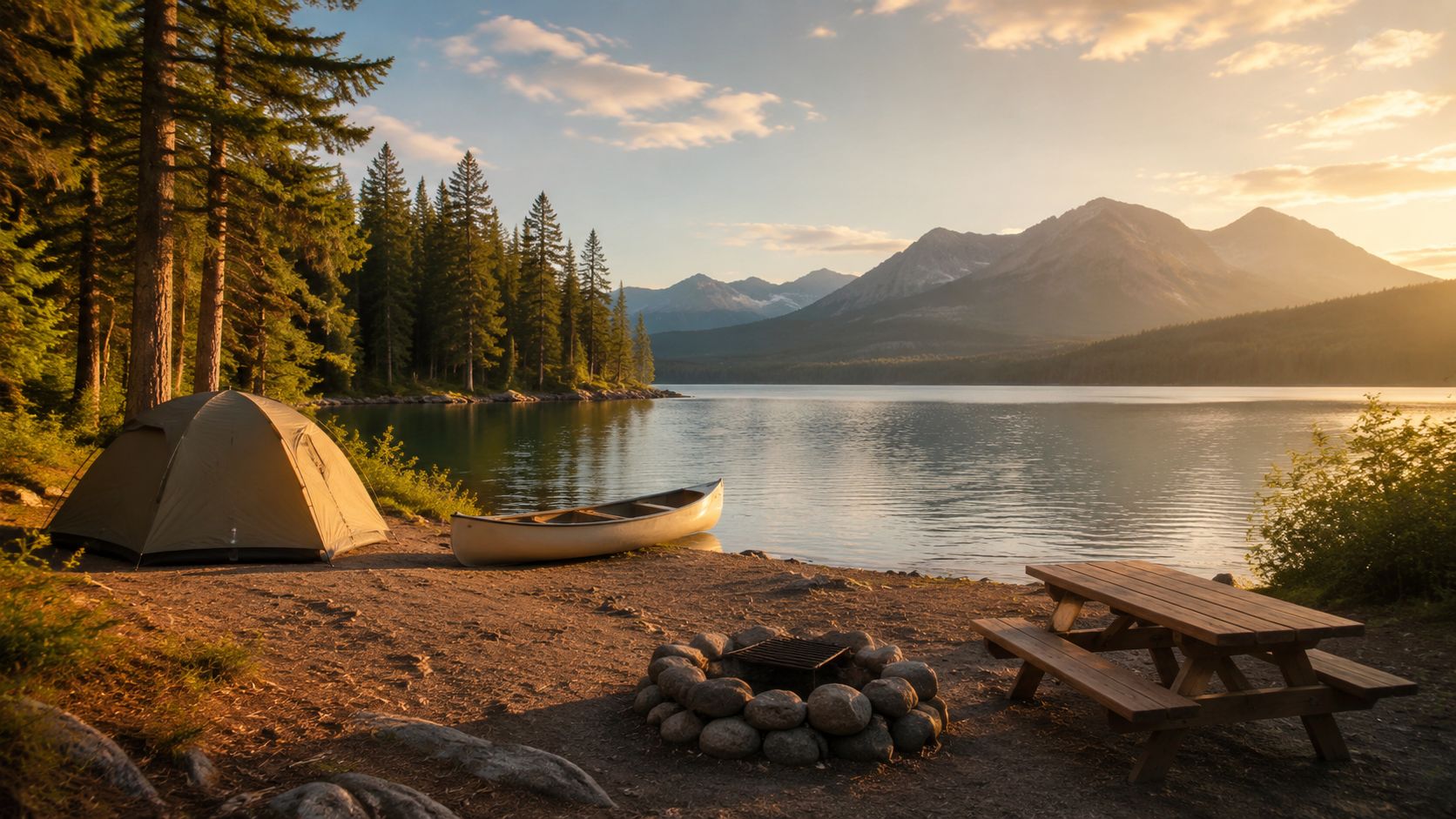 What Can You Do with Land? 10 Revenue Ideas 16 A serene lakeside campsite at sunset featuring a tent, a canoe, and a wooden picnic table.