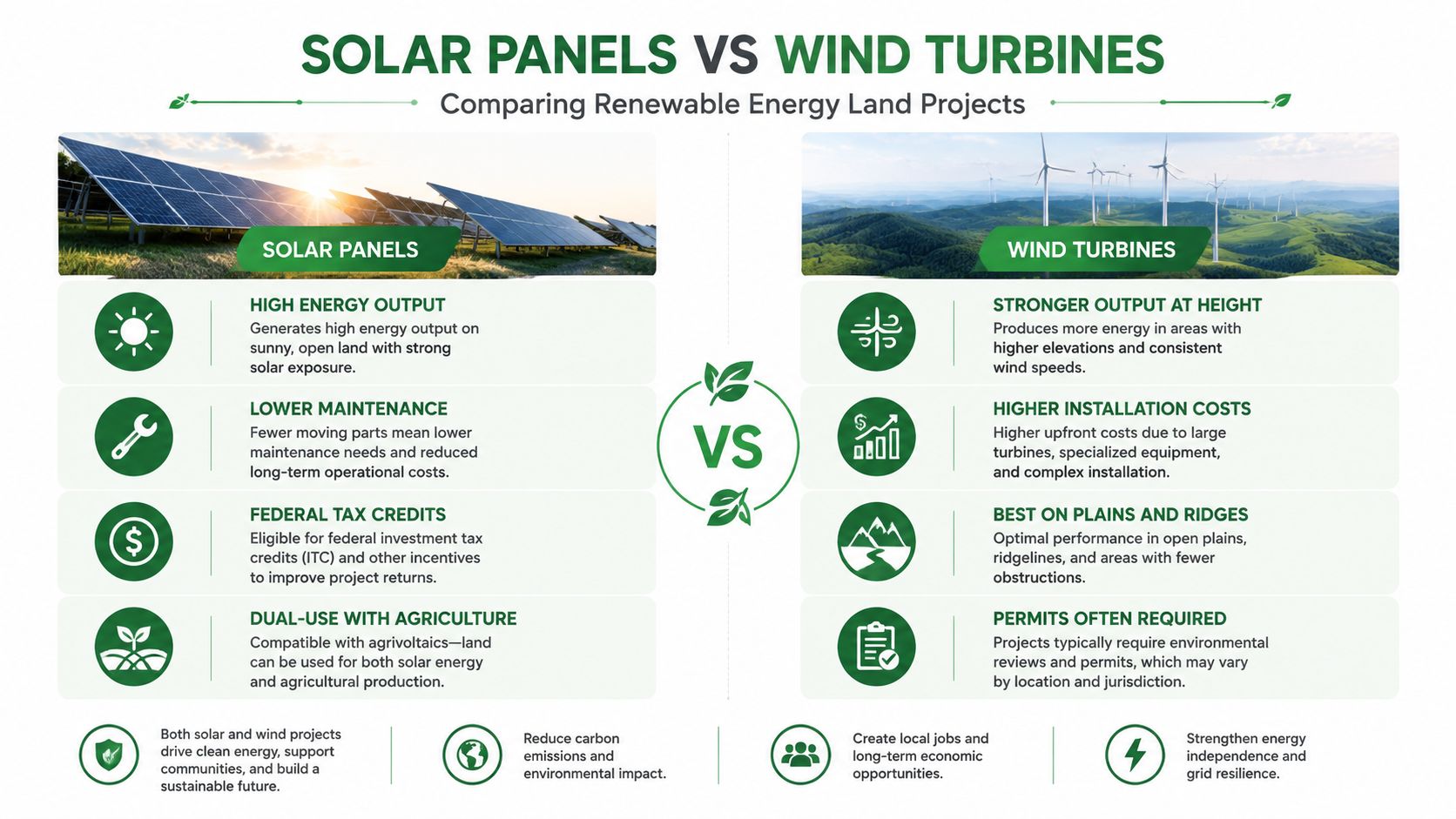 What Can You Do with Land? 10 Revenue Ideas 18 An infographic comparing the benefits of installing solar panels versus wind turbines on land projects.