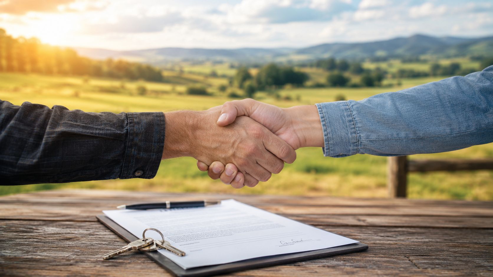 How to Buy Cheap Land: A Practical Guide 23 Two people shaking hands over a real estate contract and keys on a wooden table outdoors.