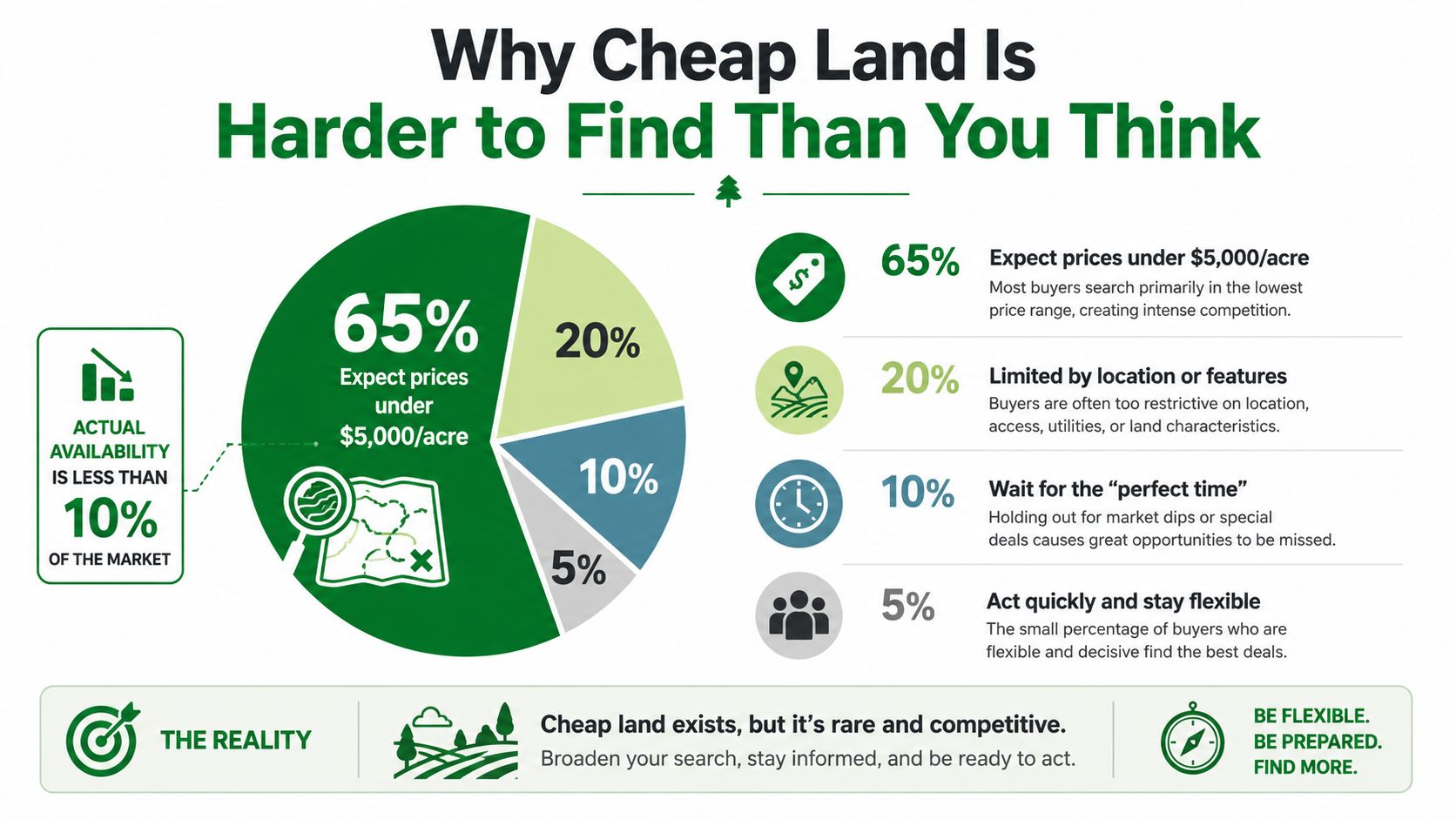 How to Buy Cheap Land: A Practical Guide 21 A pie chart infographic explaining why affordable land is difficult to purchase due to high market competition.
