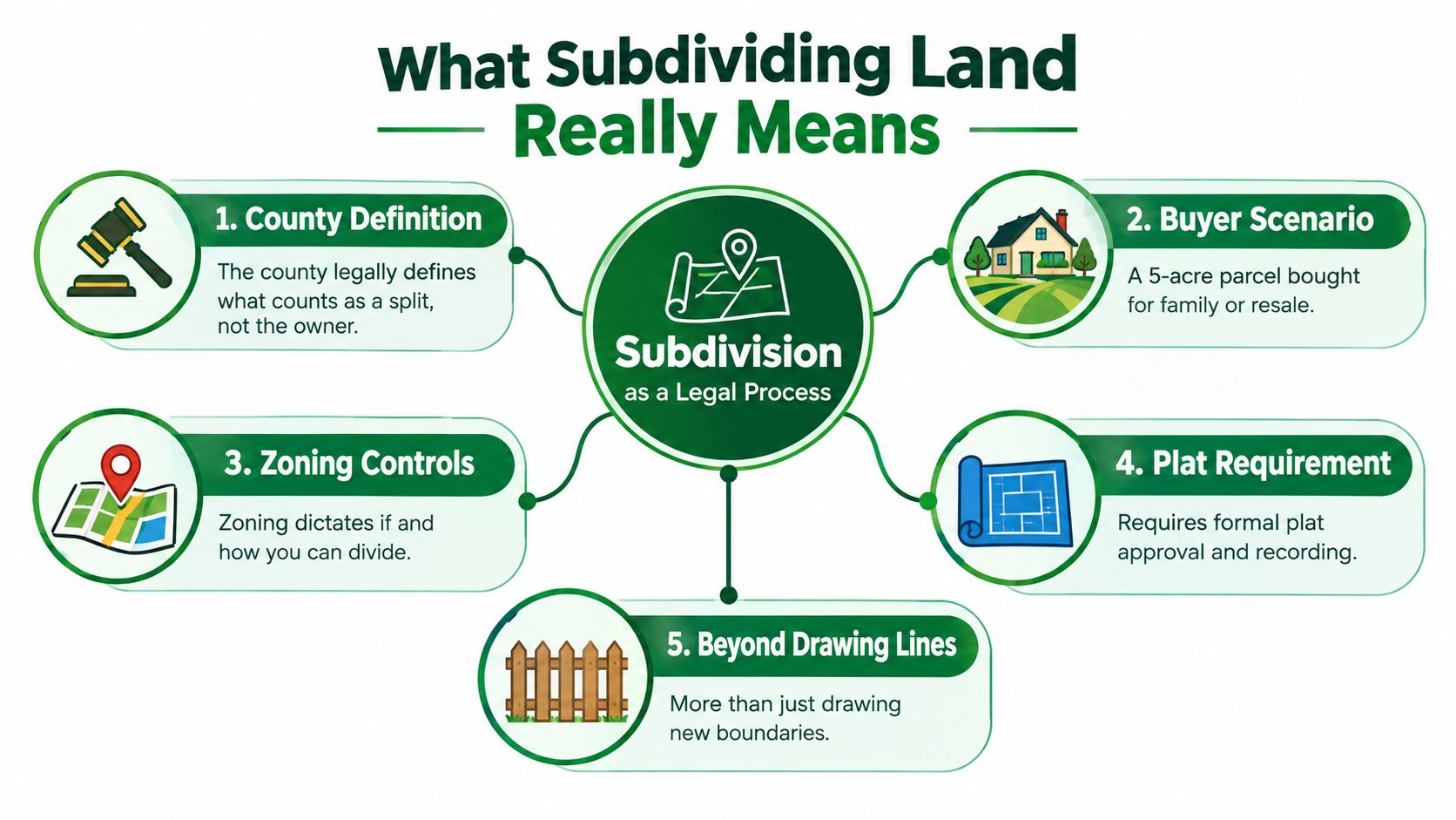 How to Subdivide Land: A Practical Step-by-Step Guide 16 An infographic titled What Subdividing Land Really Means explaining the legal process of subdividing property parcels.