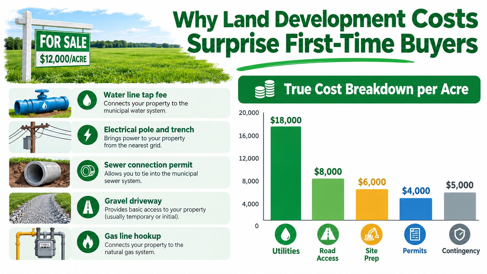 Land Development Costs: A Practical Breakdown for 2026 21 An infographic titled Why Land Development Costs Surprise First-Time Buyers, showing land costs and various utility expenses.