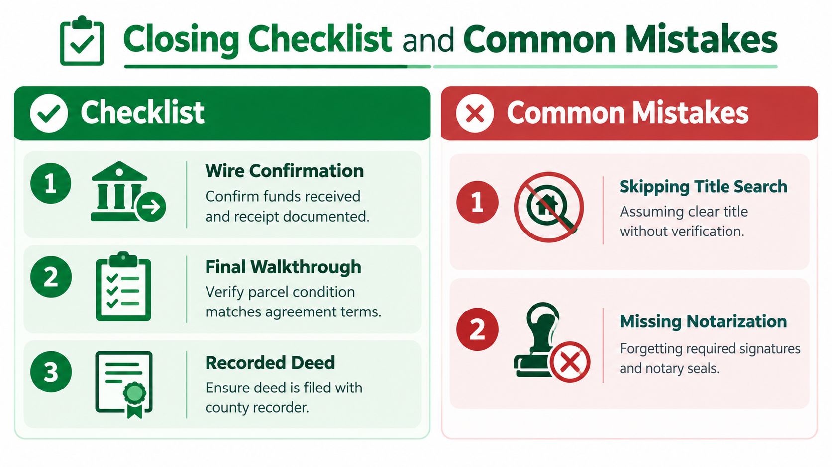 Land Purchase Agreement Guide for Owner-Financed Deals 24 A checklist infographic illustrating key steps and common mistakes for finalizing a land purchase agreement.