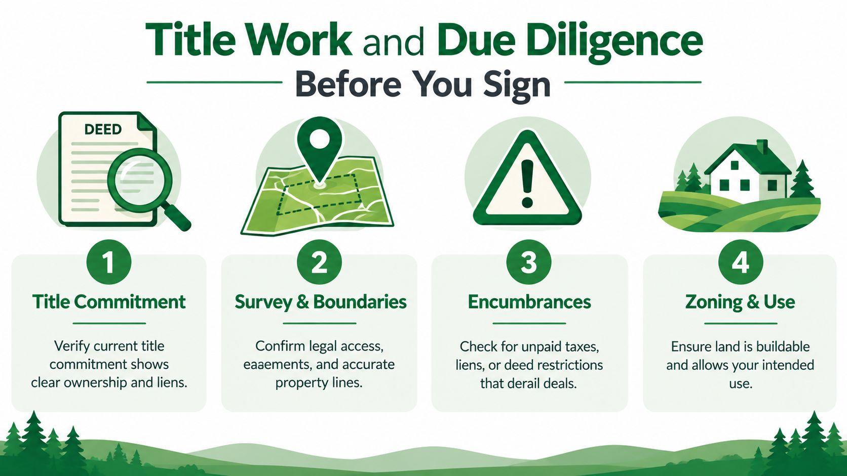 Land Purchase Agreement Guide for Owner-Financed Deals 22 An infographic showing four essential steps for due diligence when completing a land purchase agreement.