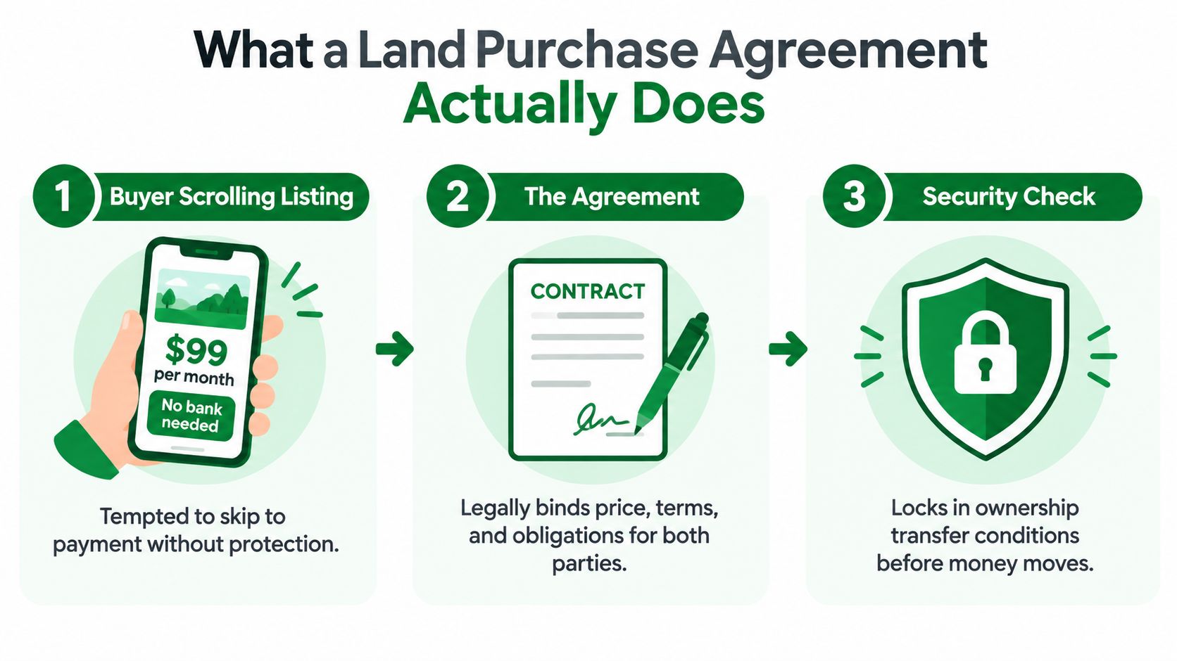 Land Purchase Agreement Guide for Owner-Financed Deals 21 A three-step infographic explaining how a land purchase agreement protects buyers during real estate transactions.