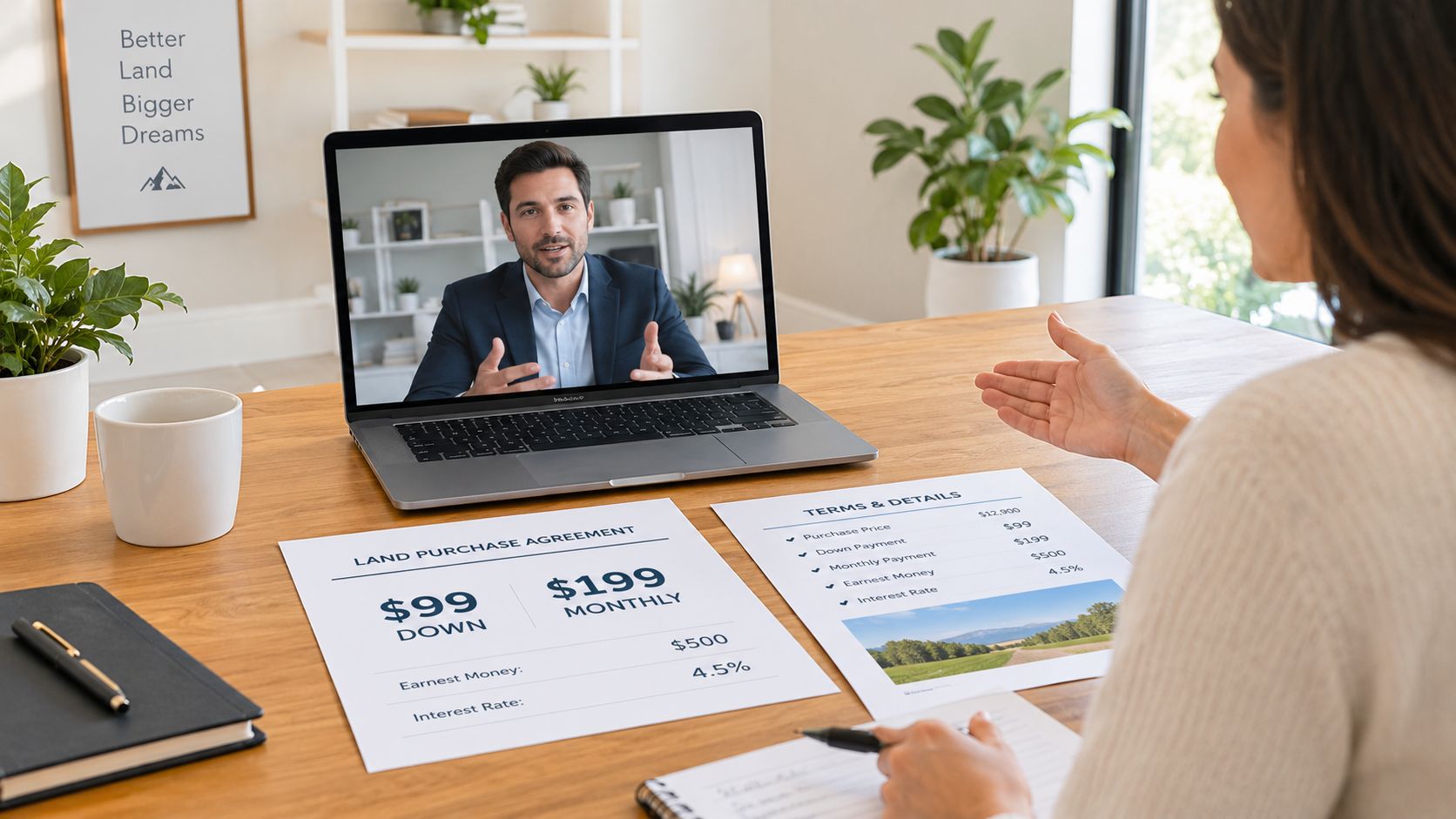 Land Purchase Agreement Guide for Owner-Financed Deals 23 A woman discussing a land purchase agreement with a man on a laptop during a video call.