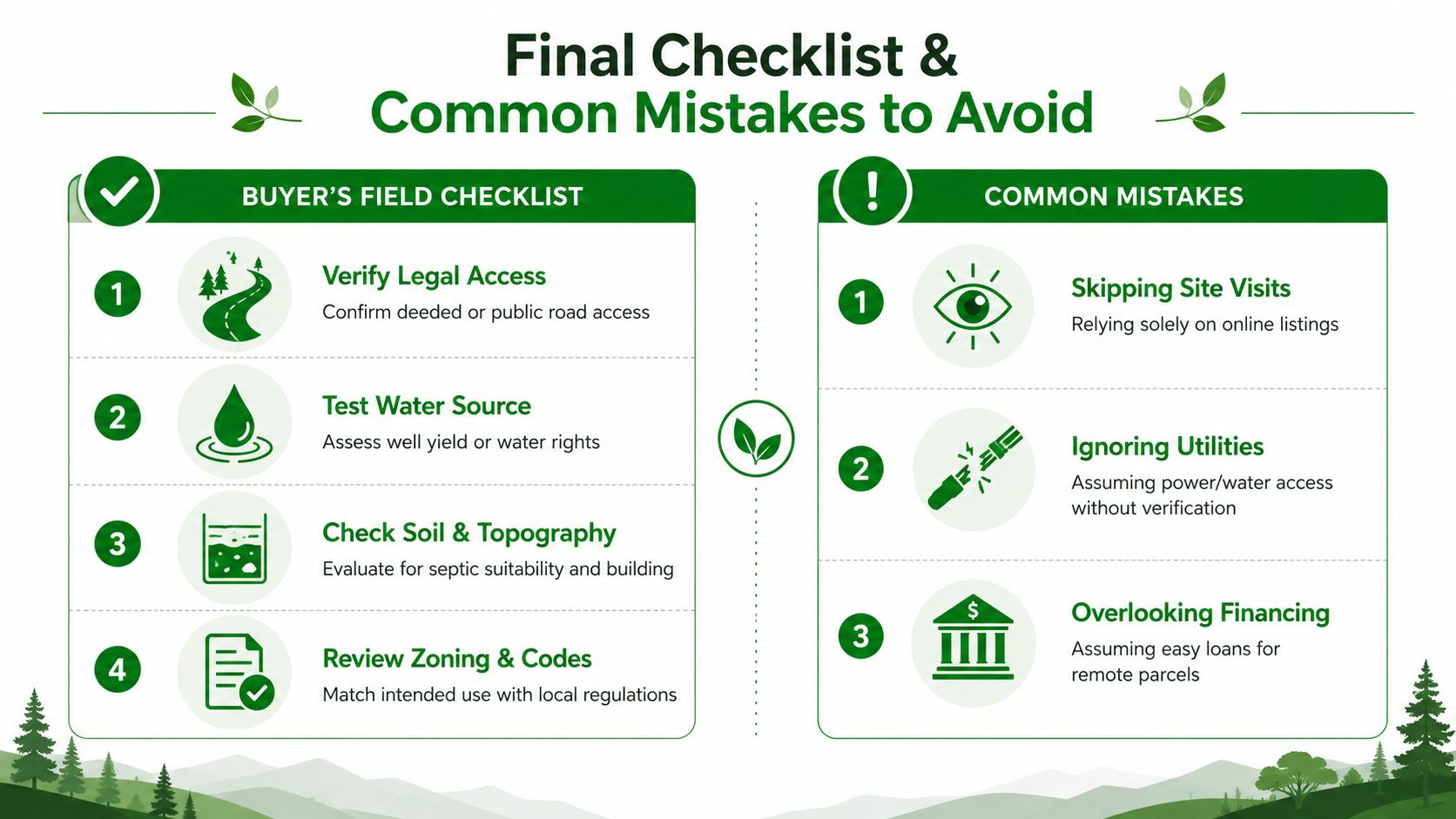 Off Grid Land for Sale: What to Know Before You Buy 24 A checklist for buying land including essential site inspections and common mistakes to avoid when purchasing property.