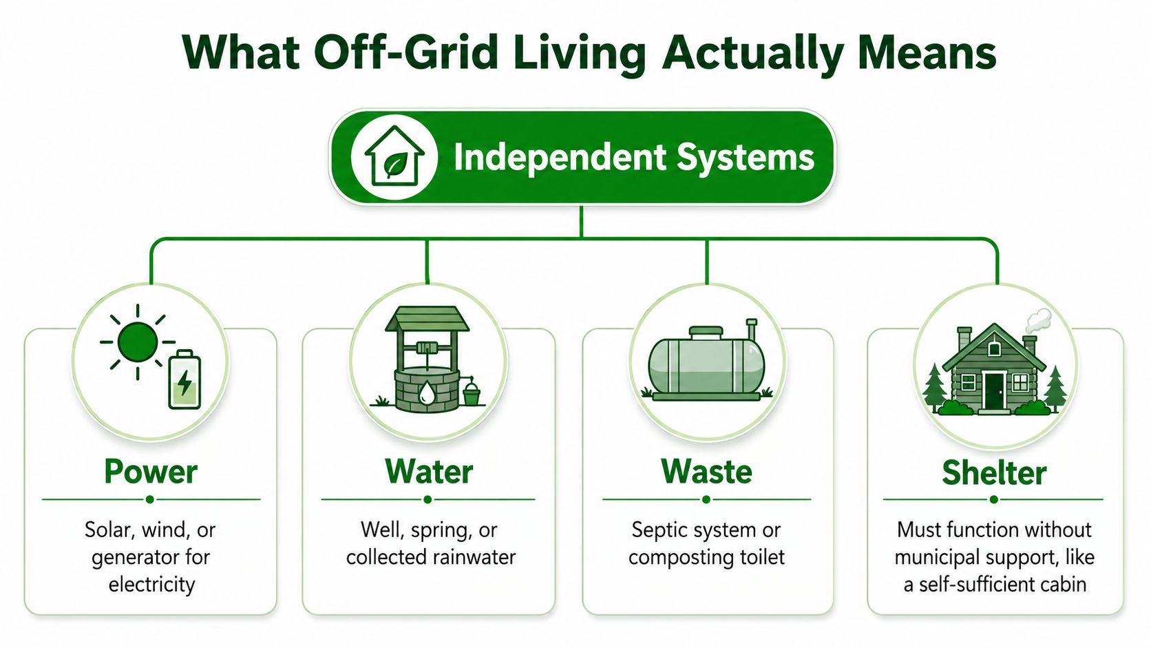 Off Grid Land for Sale: What to Know Before You Buy 22 A diagram explaining the four core independent systems for off-grid living: power, water, waste, and shelter.