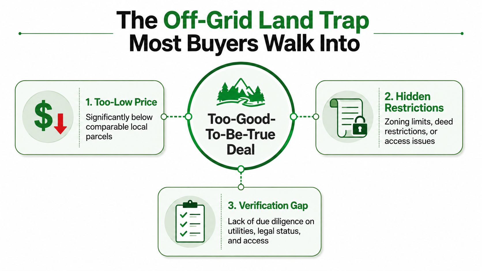 Off Grid Land for Sale: What to Know Before You Buy 21 An infographic detailing the three main risks of buying off-grid land including low prices, restrictions, and verification gaps.