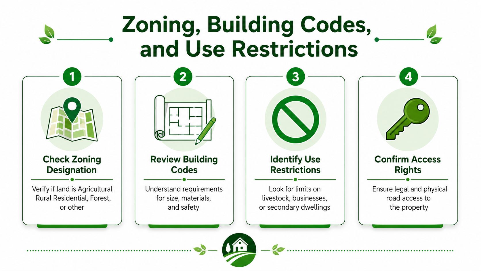 Off Grid Land for Sale: What to Know Before You Buy 23 An infographic showing four steps for evaluating off-grid land including zoning, building codes, restrictions, and access rights.