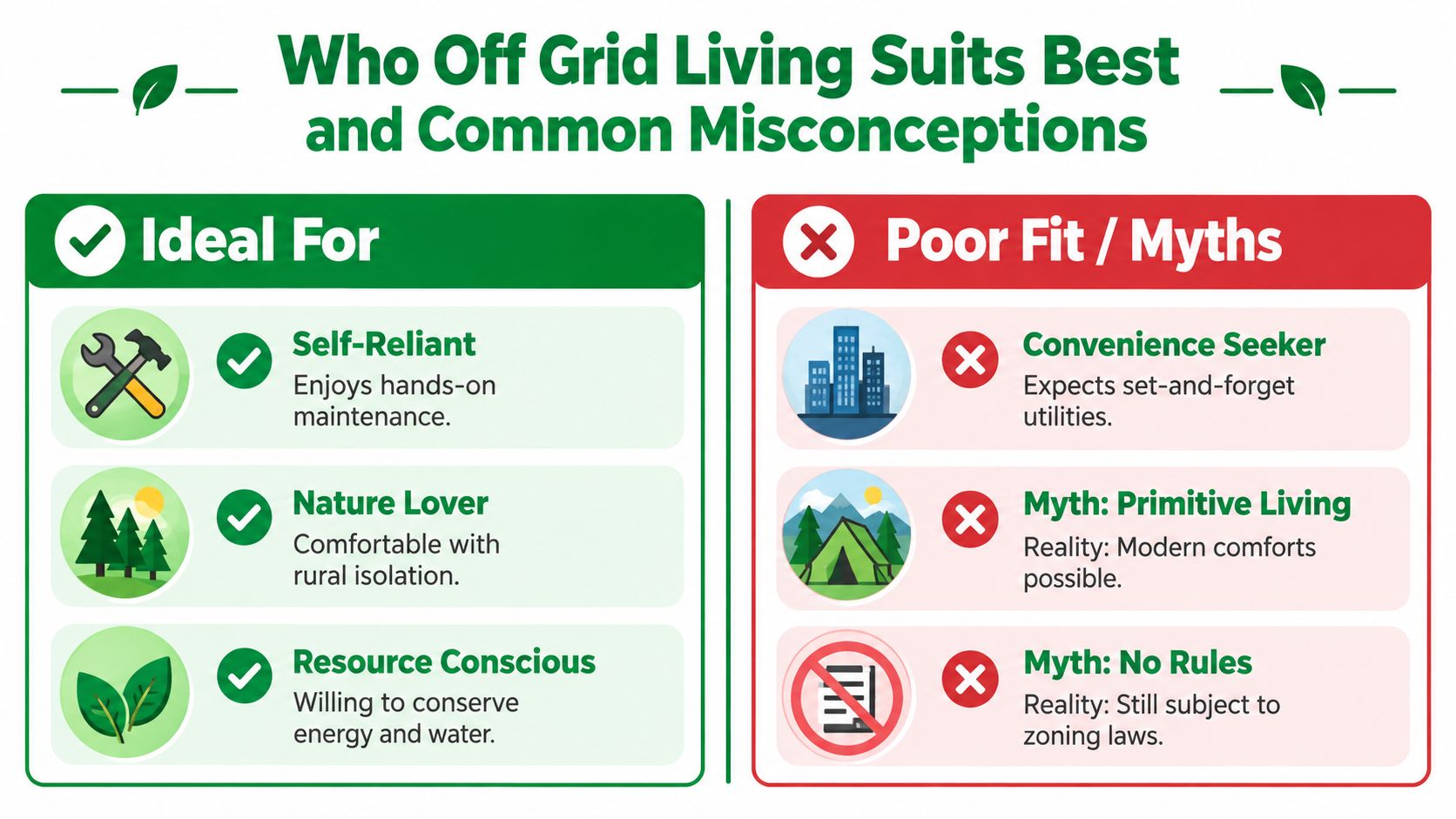 What Is Off Grid Living and How It Really Works 24 An infographic titled Who Off Grid Living Suits Best, listing ideal traits and common misconceptions about off-grid lifestyles.
