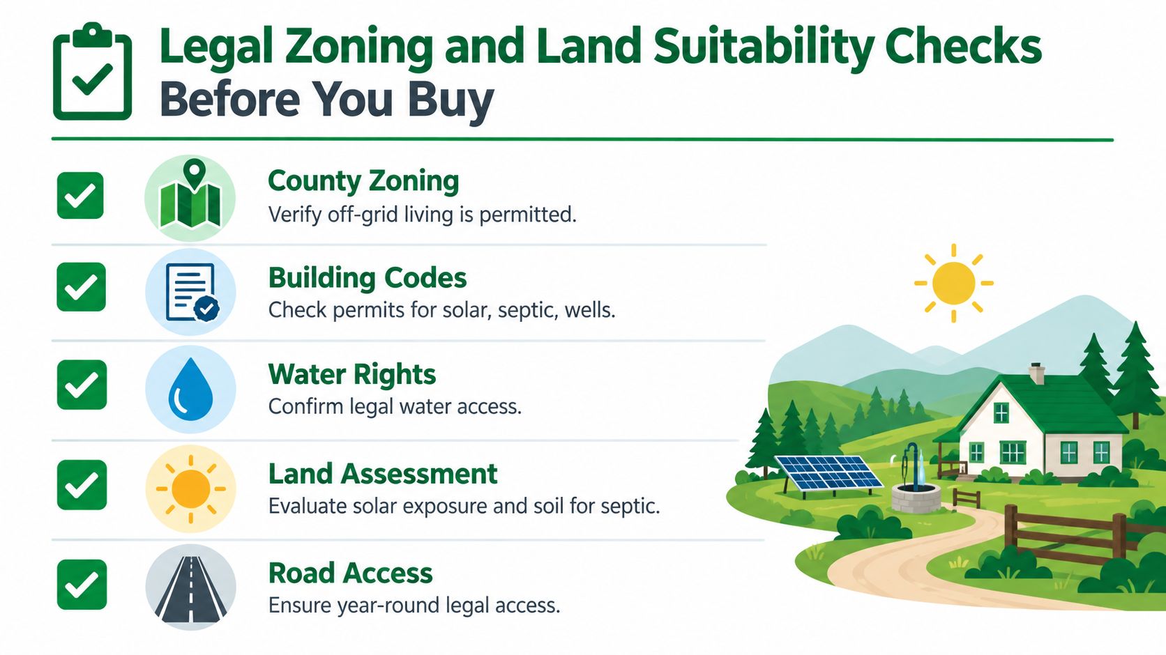 What Is Off Grid Living and How It Really Works 23 A checklist infographic outlining essential legal zoning and land suitability considerations before purchasing property for off-grid living.