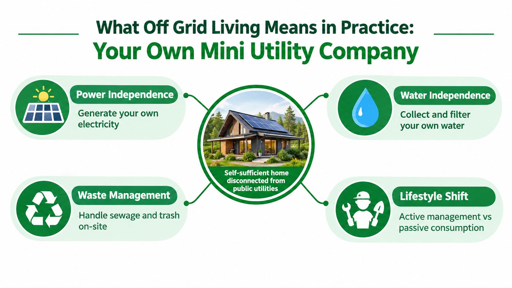 What Is Off Grid Living and How It Really Works 22 A diagram illustrating the four key components of off-grid living: power, water, waste management, and lifestyle shift.