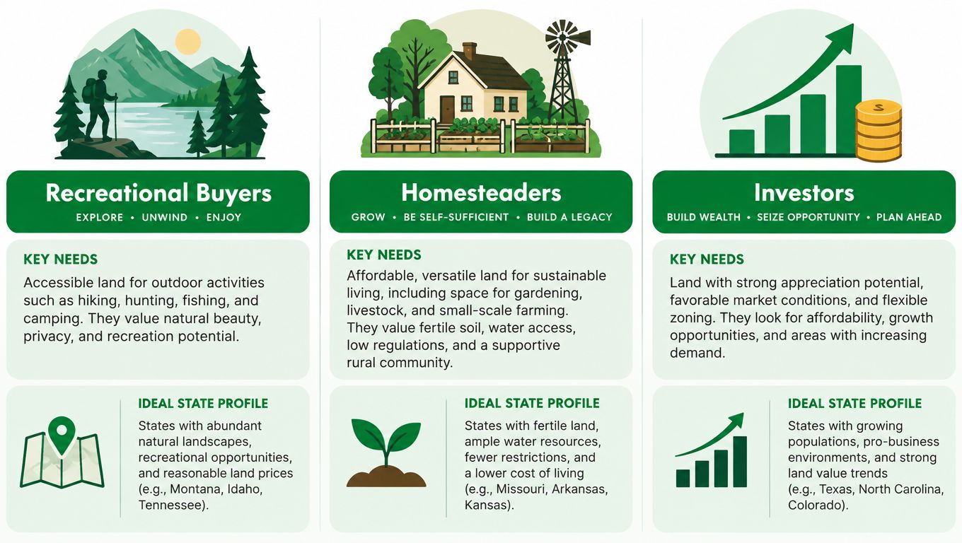 Land for Sale by State: How to Browse and Compare 30 A graphic illustration comparing the key needs and ideal states for recreational buyers, homesteaders, and real estate investors.