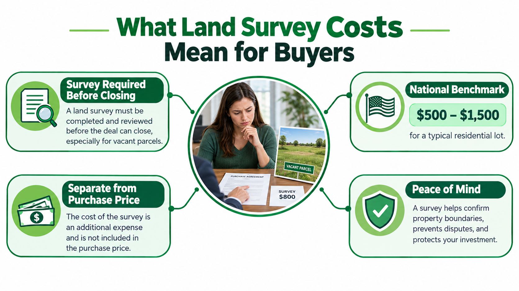 Land Survey Costs What to Expect Before You Buy 26 An infographic illustrating what land survey costs mean for buyers, featuring key facts about residential property surveys.