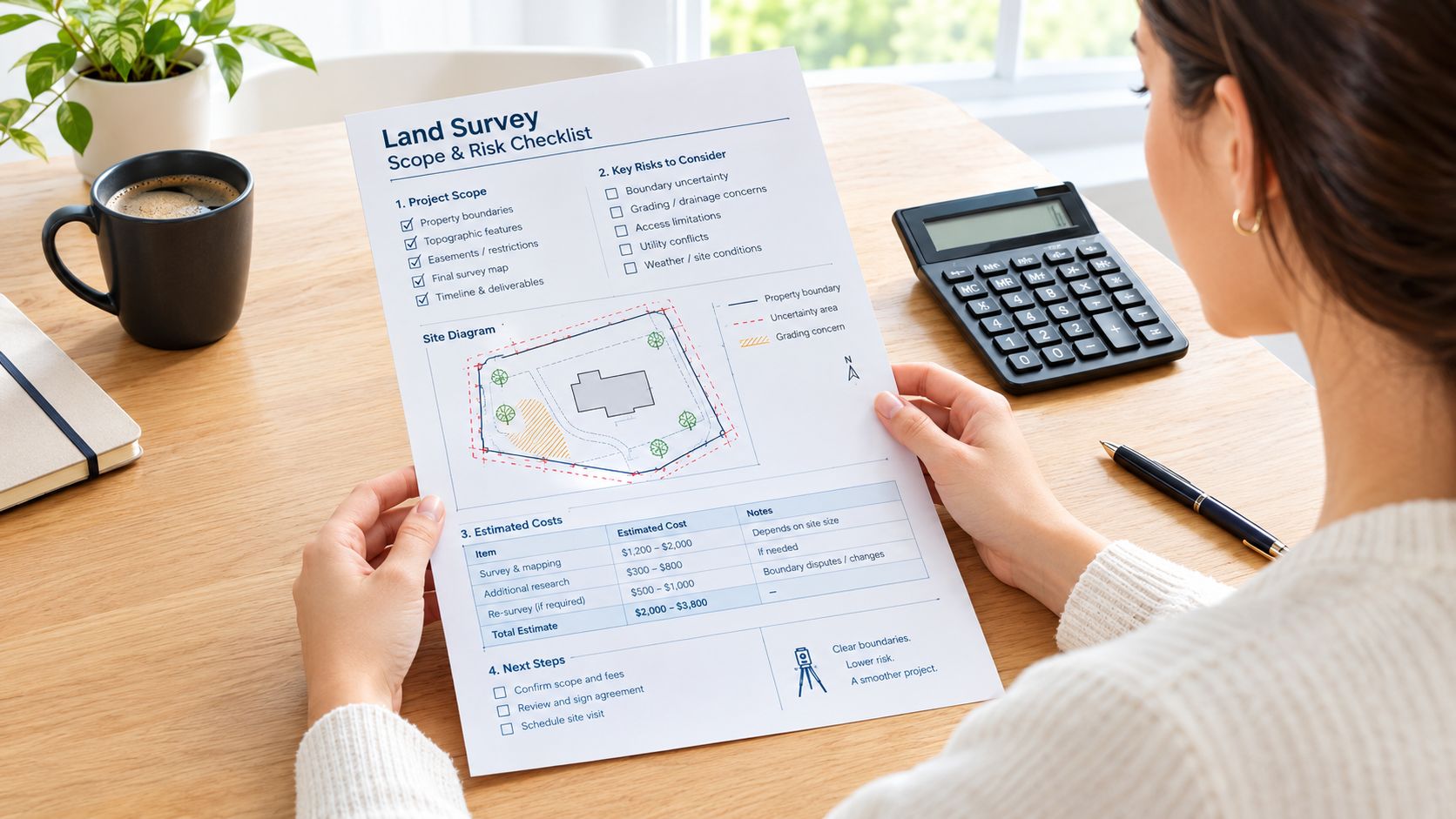 Land Survey Costs What to Expect Before You Buy 30 A person reviewing a land survey scope and risk checklist document at a desk with a calculator.