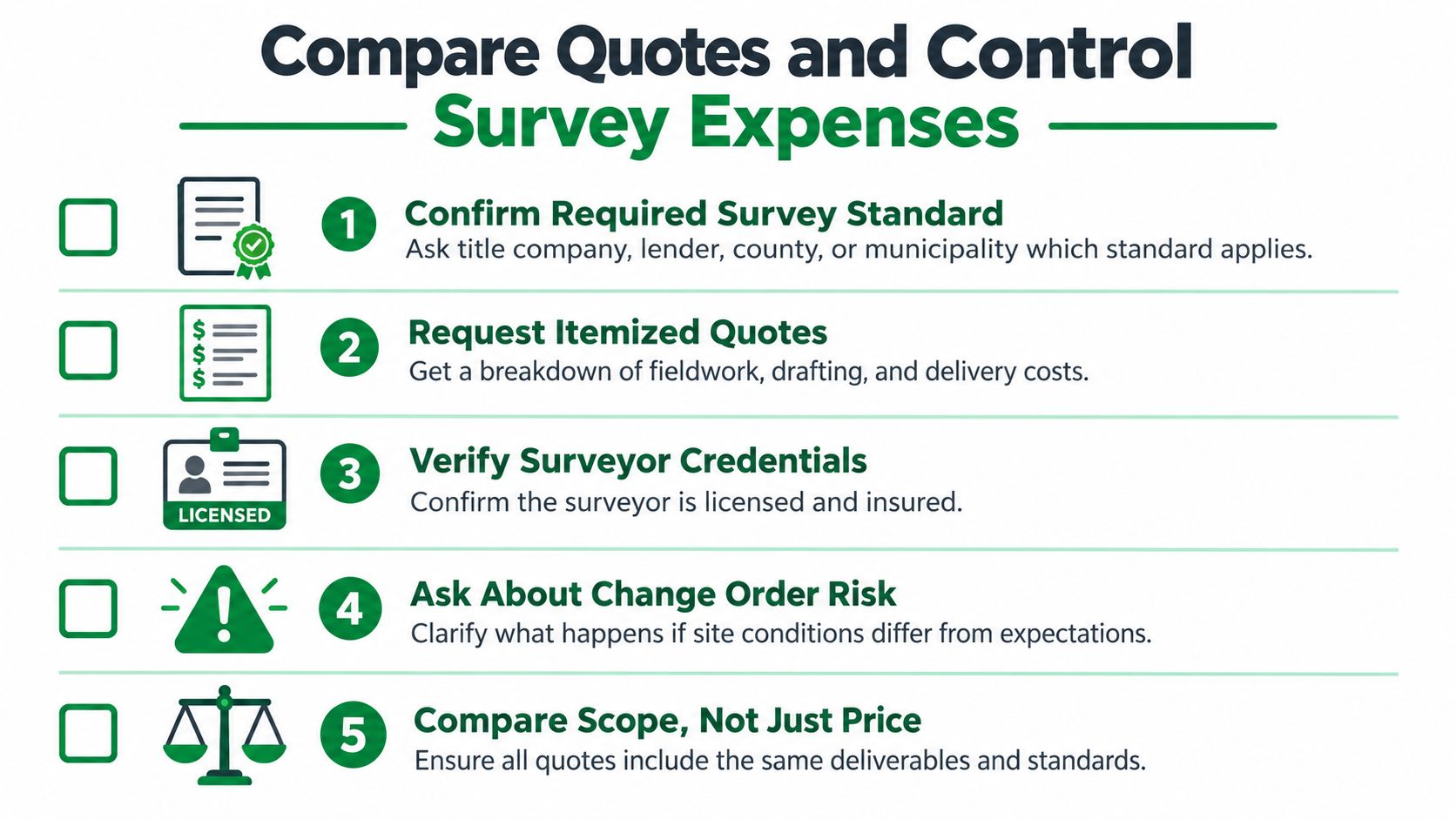 Land Survey Costs What to Expect Before You Buy 29 A five-step checklist for comparing land survey quotes and effectively managing survey-related project expenses.
