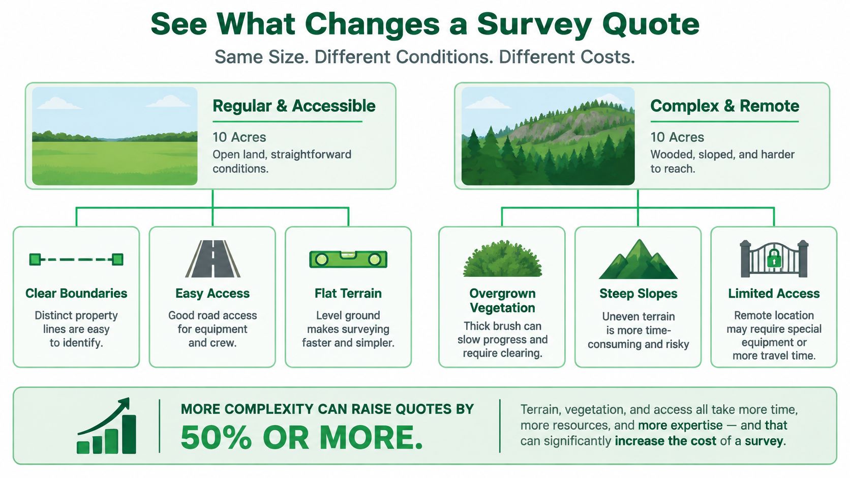 Land Survey Costs What to Expect Before You Buy 28 An infographic comparing factors that influence the cost of a land survey for regular versus complex properties.