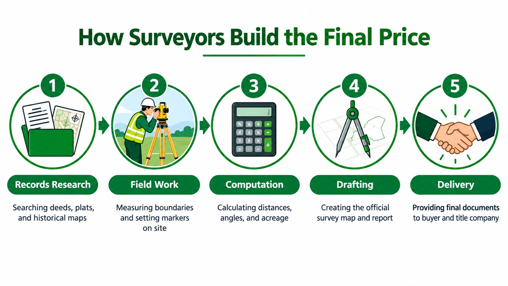 Land Survey Costs What to Expect Before You Buy 27 A five step infographic illustrating the professional workflow processes involved in determining land survey costs.