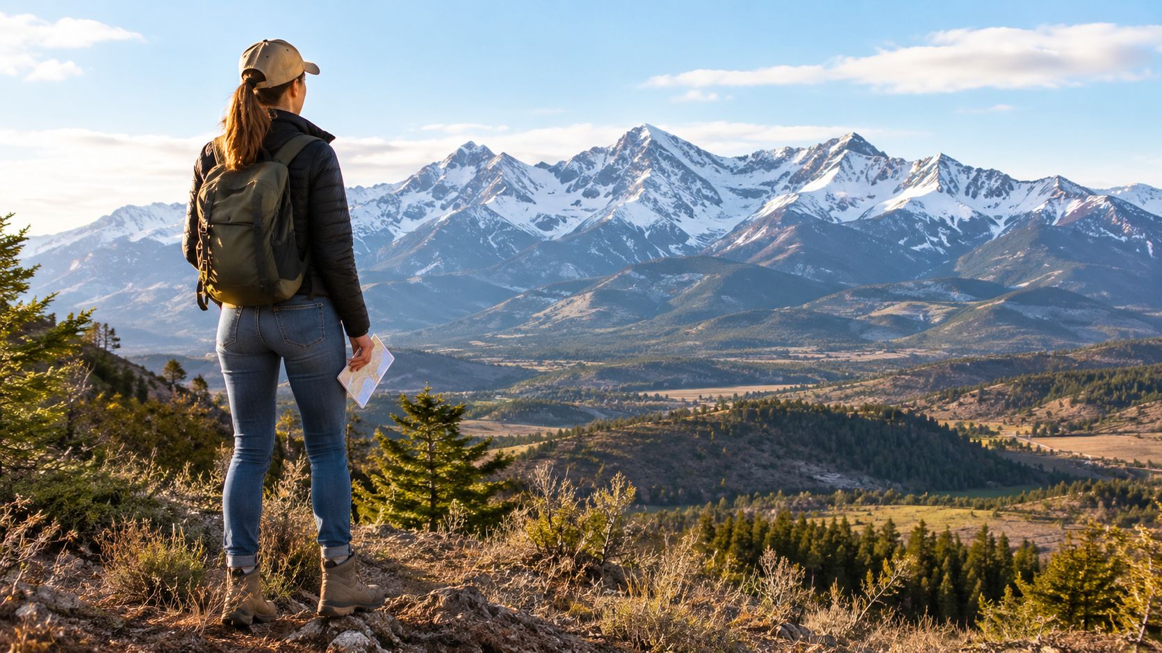 Owner Financed Land Colorado 16 A hiker looking at a map while admiring the scenic snow-capped mountain range in Colorado.