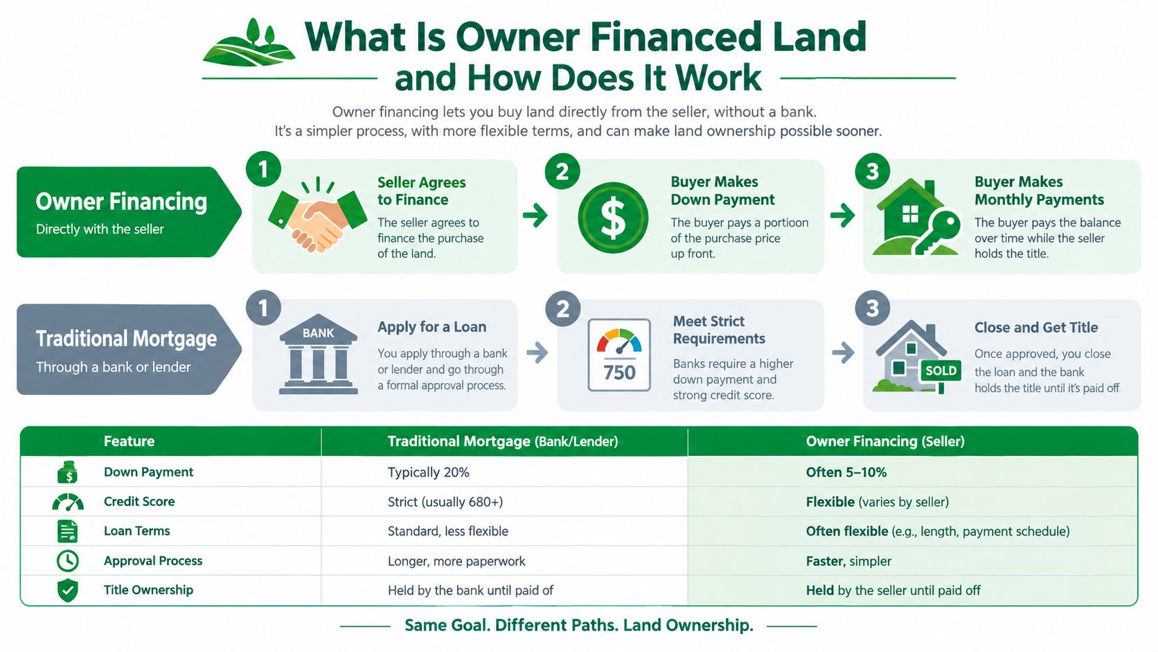 Owner Financed Land Colorado 17 An infographic comparing the process and features of owner financed land versus a traditional bank mortgage.