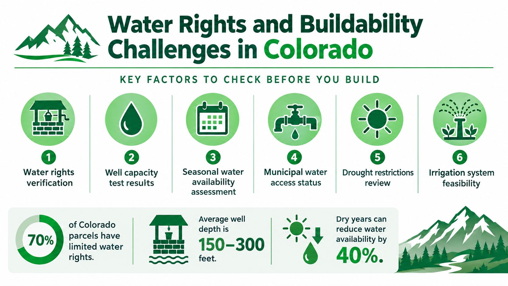 Owner Financed Land Colorado 18 An infographic titled Water Rights and Buildability Challenges in Colorado, highlighting six critical factors for land development.