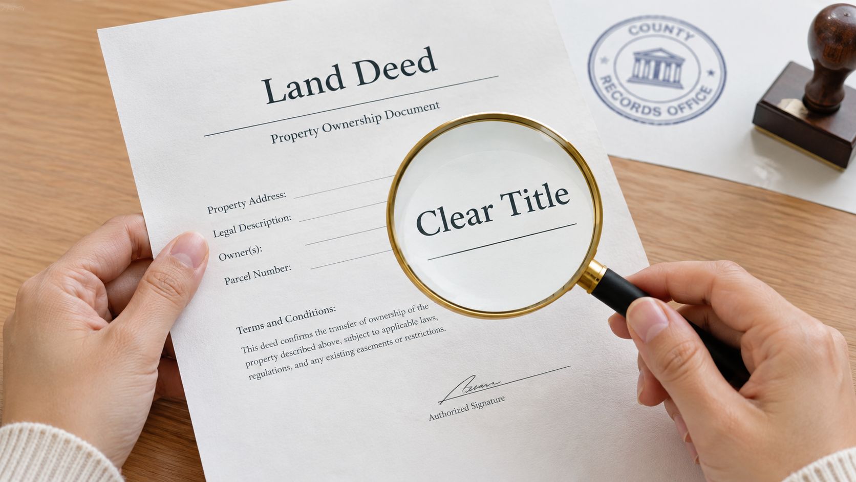 10 Questions to Ask When Buying Land: A Buyer's Checklist 17 A person holding a land deed document and examining it with a magnifying glass for clear title.