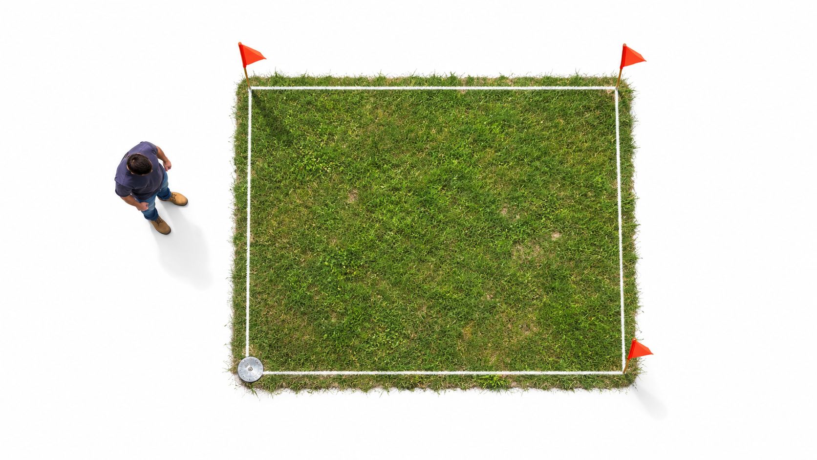 10 Questions to Ask When Buying Land: A Buyer's Checklist 18 A person standing next to a square patch of green grass outlined with white tape and flags.