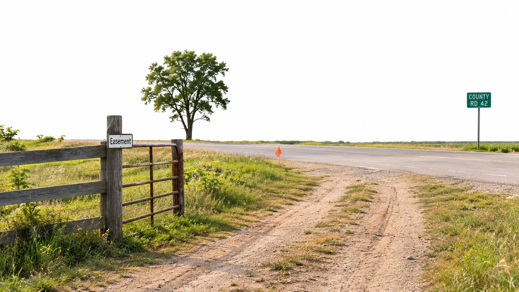 10 Questions to Ask When Buying Land: A Buyer's Checklist 16 A dirt driveway with an easement sign next to a wooden fence leading to a rural road.